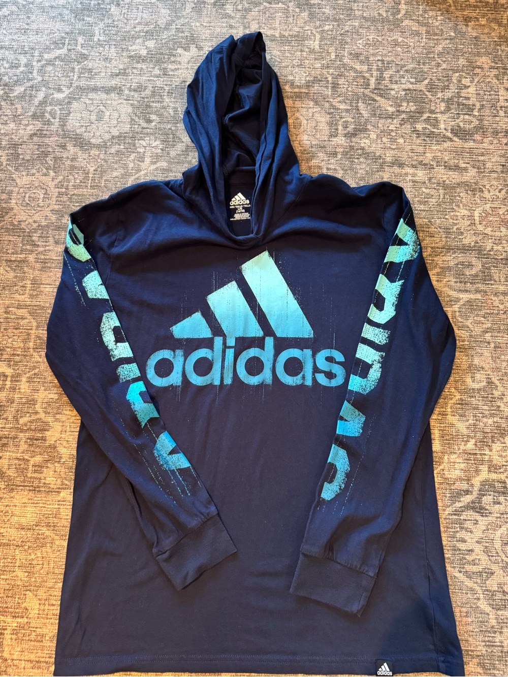 Adidas boys 14/16 Navy Blue lightweight tee Hoodie with Teal Logo like new
